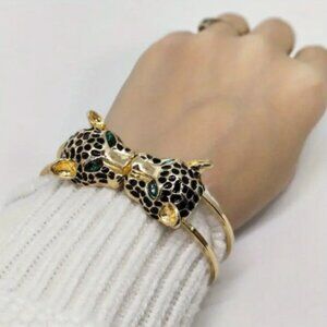 Leopard Head Cuff Bangle Bracelet Exaggerated Rhinestone Hand Jewelry Gift